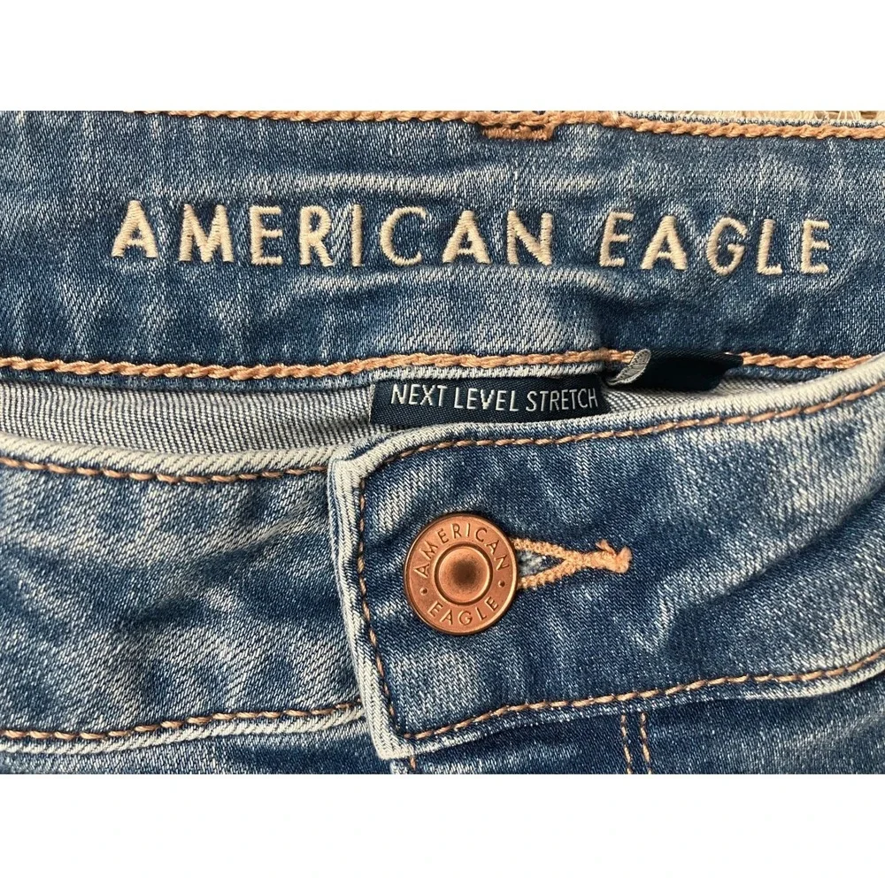 American Eagle Womens‎ High Waisted Blue Distressed Skinny Jeans Long Size 14 - Picture 3 of 10